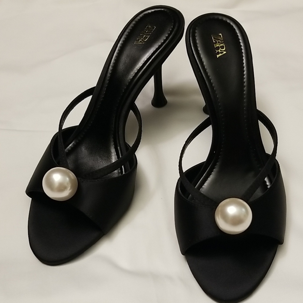 Zara Satin Black Heeled Sandals with Pearl Accent